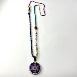 6 Sided Star Pendant, Long Mixed Gemstone Knotted Artisan Necklace, Blue Iolite